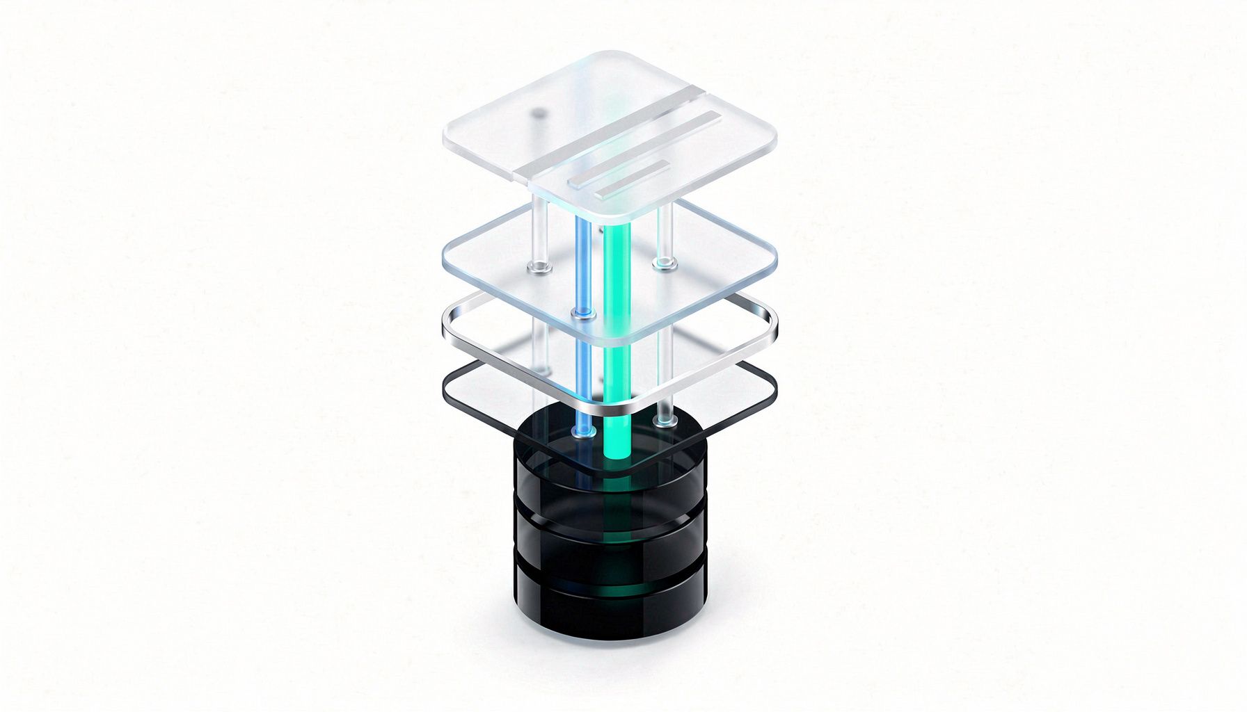 A polished isometric illustration showing a web form floating above layered glass platforms, with trust signals like lock icons and consent checkboxes visible on the form surface, and glowing data pipelines flowing downward through color-coded security layers into a CRM database below